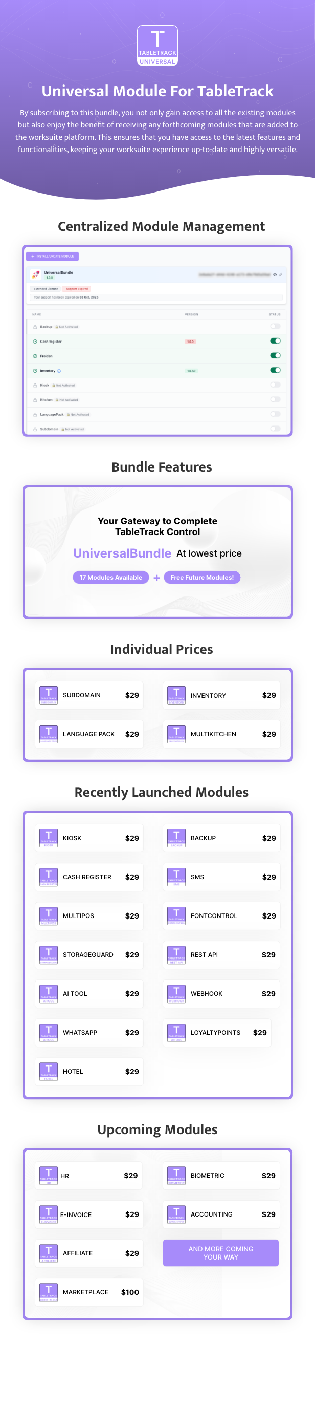 Universal Bundle overview for TableTrack